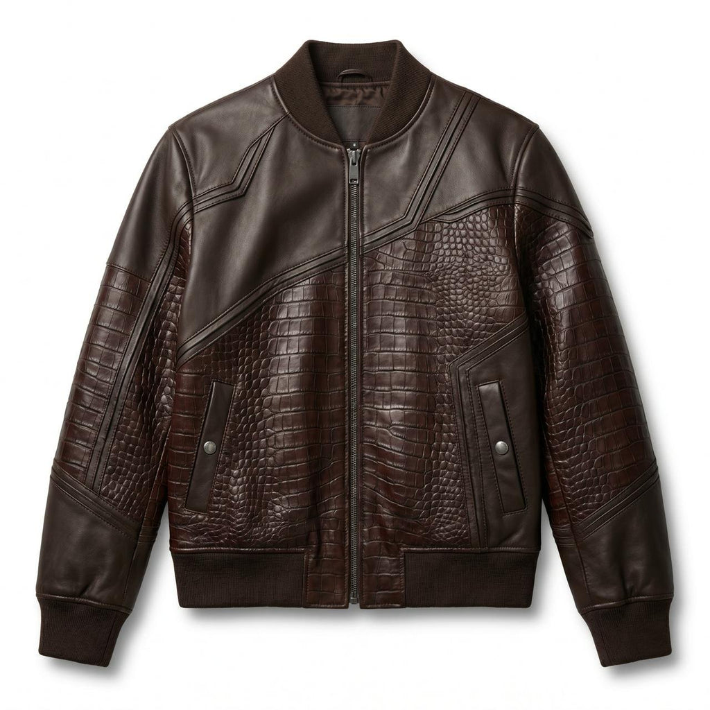 Men's Premium Brown Crocodile Embossed Real Leather Jacket – Blackstone Jackets image 0