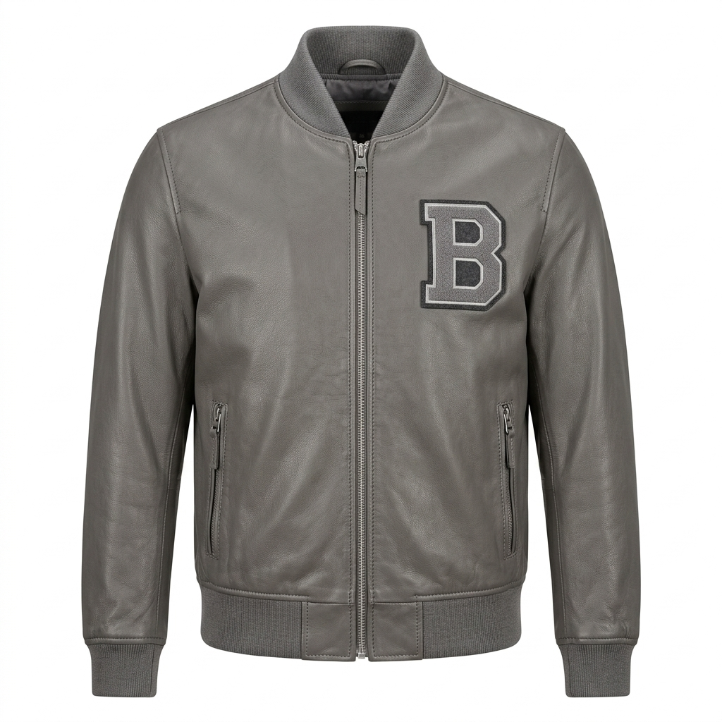 Men's Premium Grey Bomber Leather Jacket – Blackstone Jackets image 0