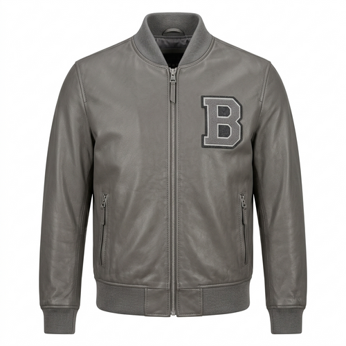 Men's Premium Grey Bomber Leather Jacket – Blackstone Jackets image 0