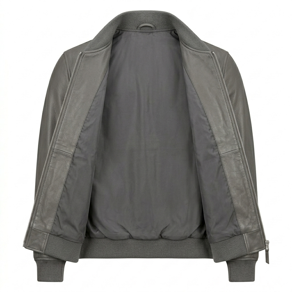 Men's Premium Grey Bomber Leather Jacket – Blackstone Jackets image 2